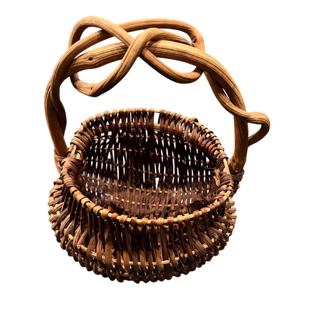 VTG Appalachian Woven Buttocks Gather Basket Losenge Pattern Twisted Vine Handle